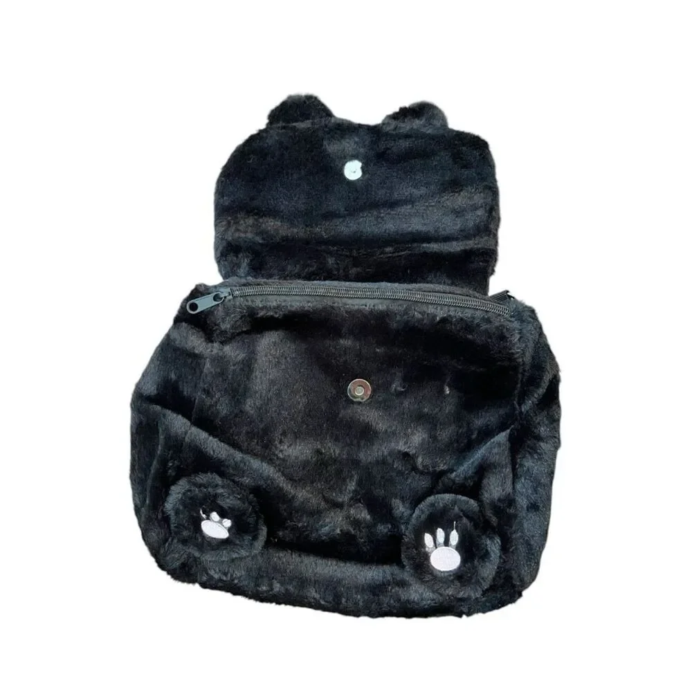Faux Fur Plush Black Kitty Cat Backpack Stuffed Animal Bag Cute Girls Purse New